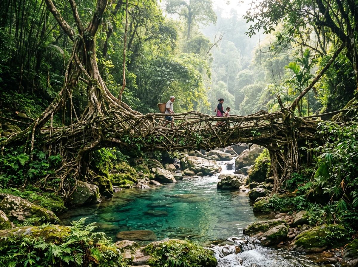 Living Root Bridge and crystal blue waterfall stream in Meghalaya
